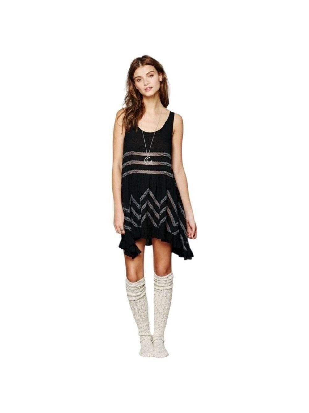 Free People Intimately Voile & Lace Black Trapeze Slip Dress Size XS Boho Mini